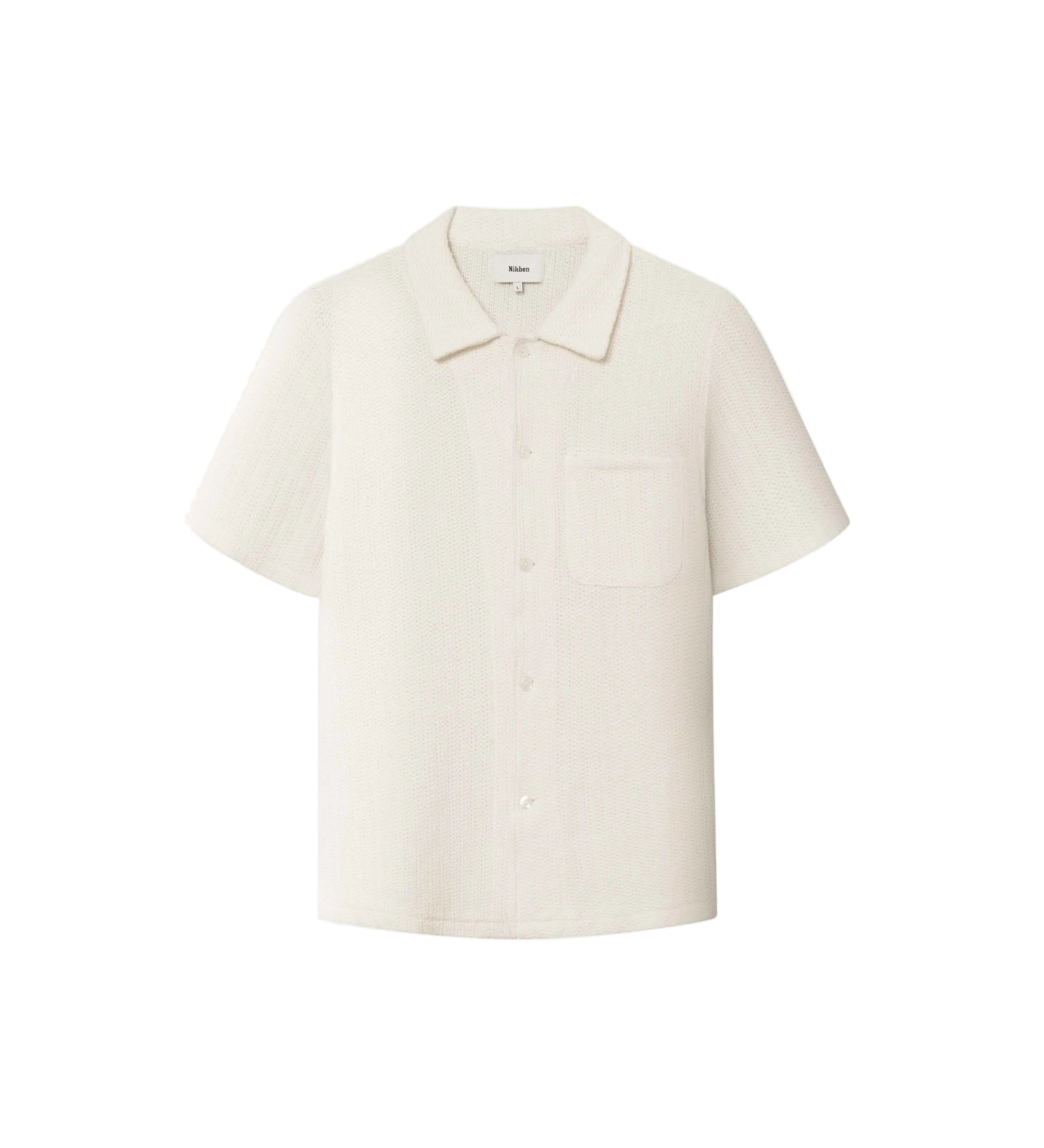A short-sleeved off white shirt with a relaxed fit and a camp collar.