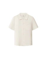 A short-sleeved off white shirt with a relaxed fit and a camp collar.