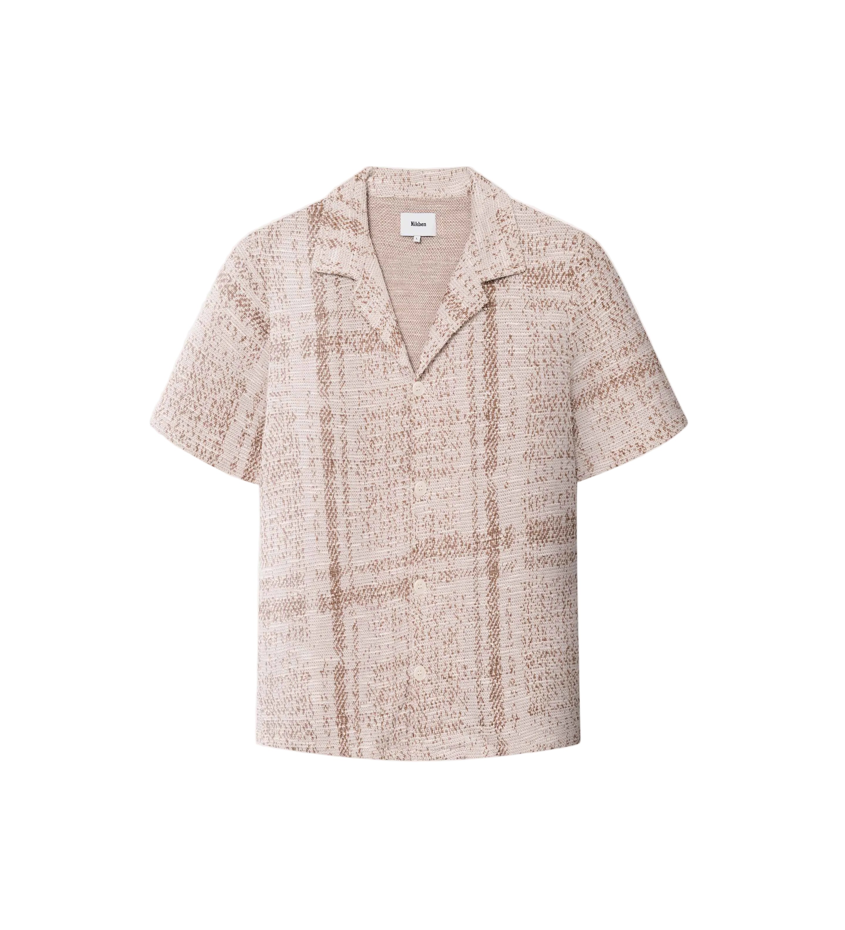 A beige Encinitas shirt with short sleeves and pearl buttons, displaying detailed jacquard stitching.