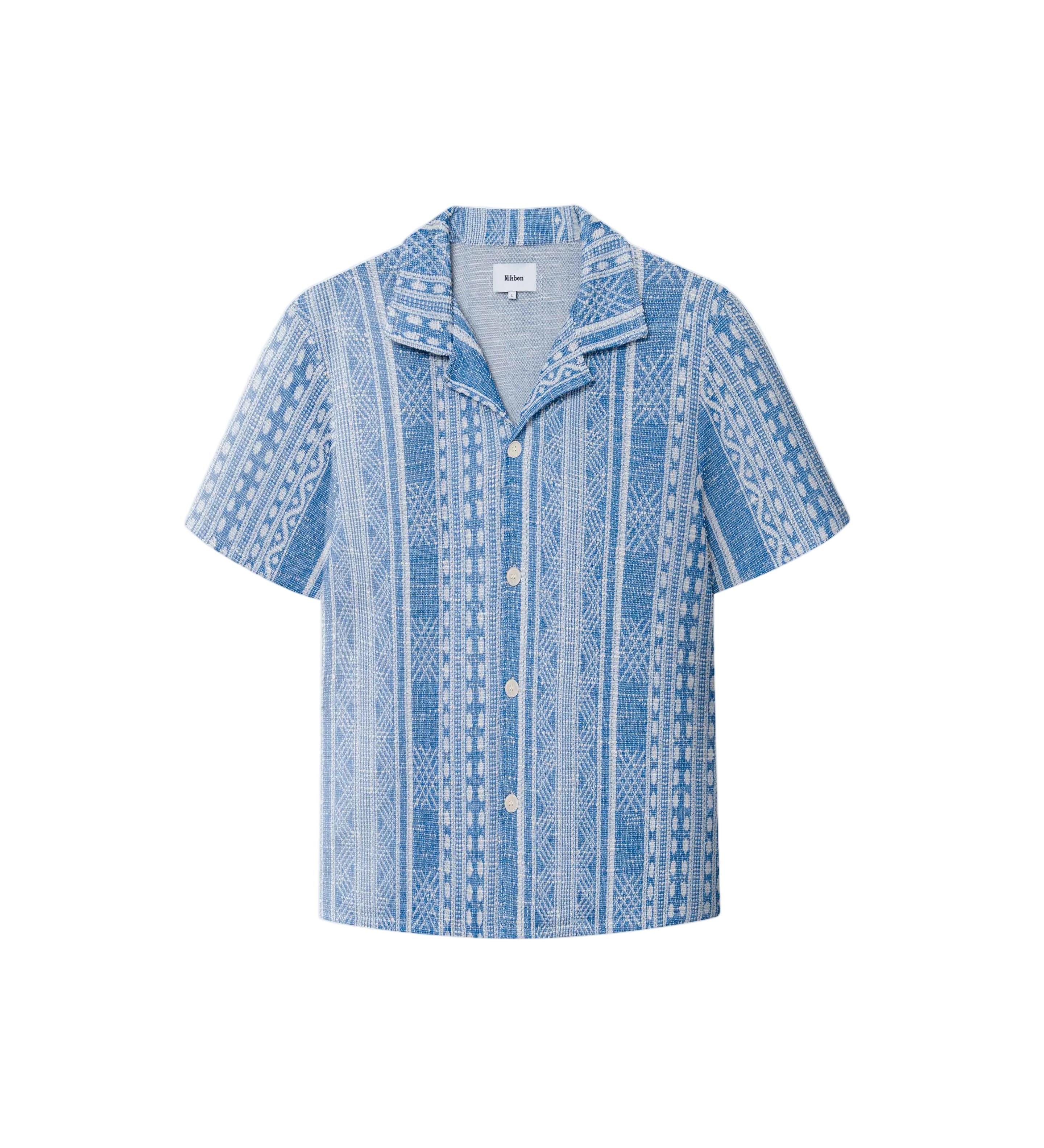 A short-sleeved blue shirt with geometric jacquard stitching, collar, and button-up front.