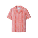 A short-sleeved red Encinitas shirt with detailed jacquard stitching, collar, and pearl buttons.