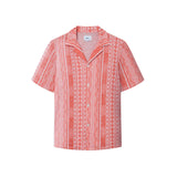 A short-sleeved red Encinitas shirt with detailed jacquard stitching, collar, and pearl buttons.
