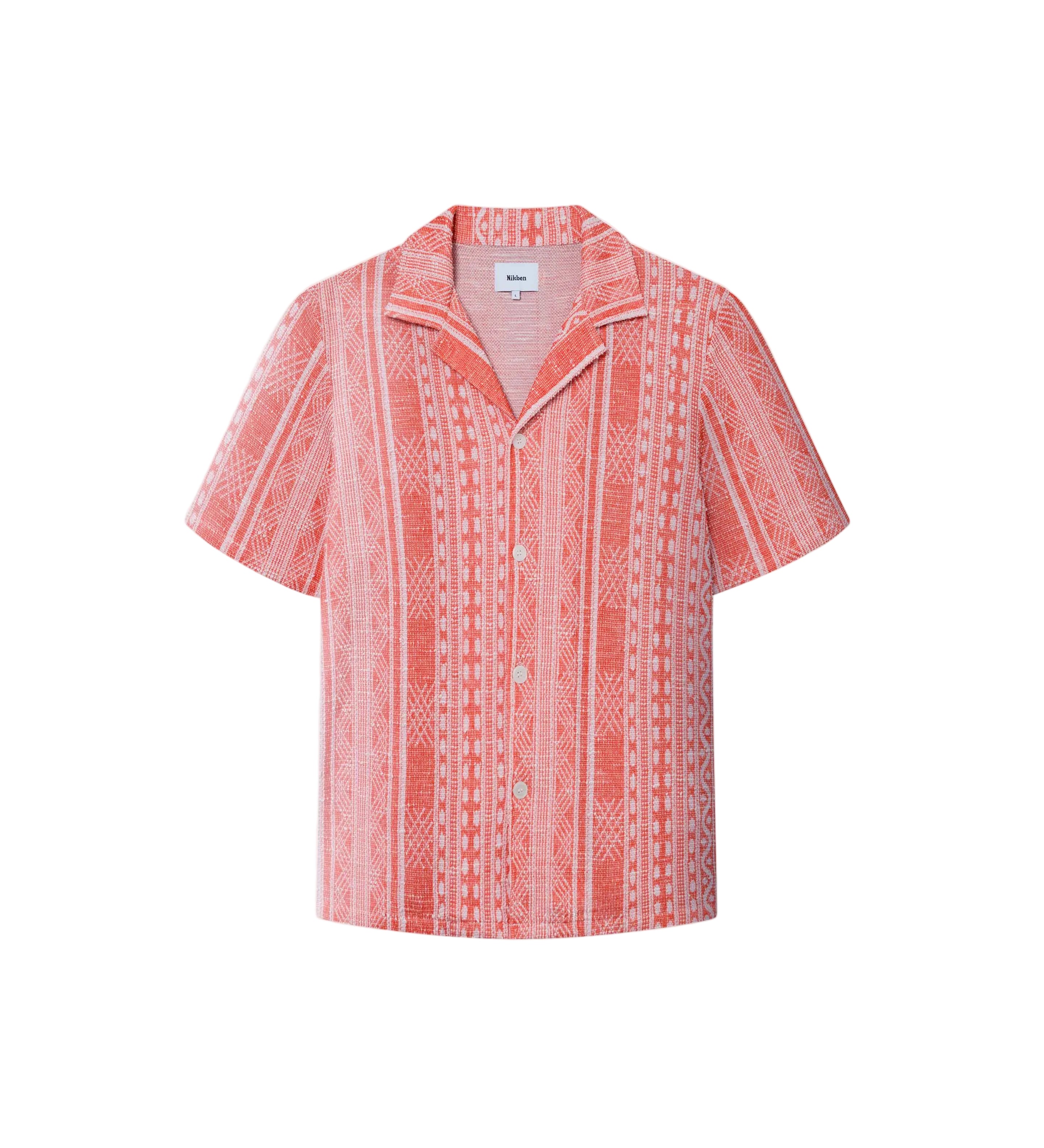 A short-sleeved red Encinitas shirt with detailed jacquard stitching, collar, and pearl buttons.