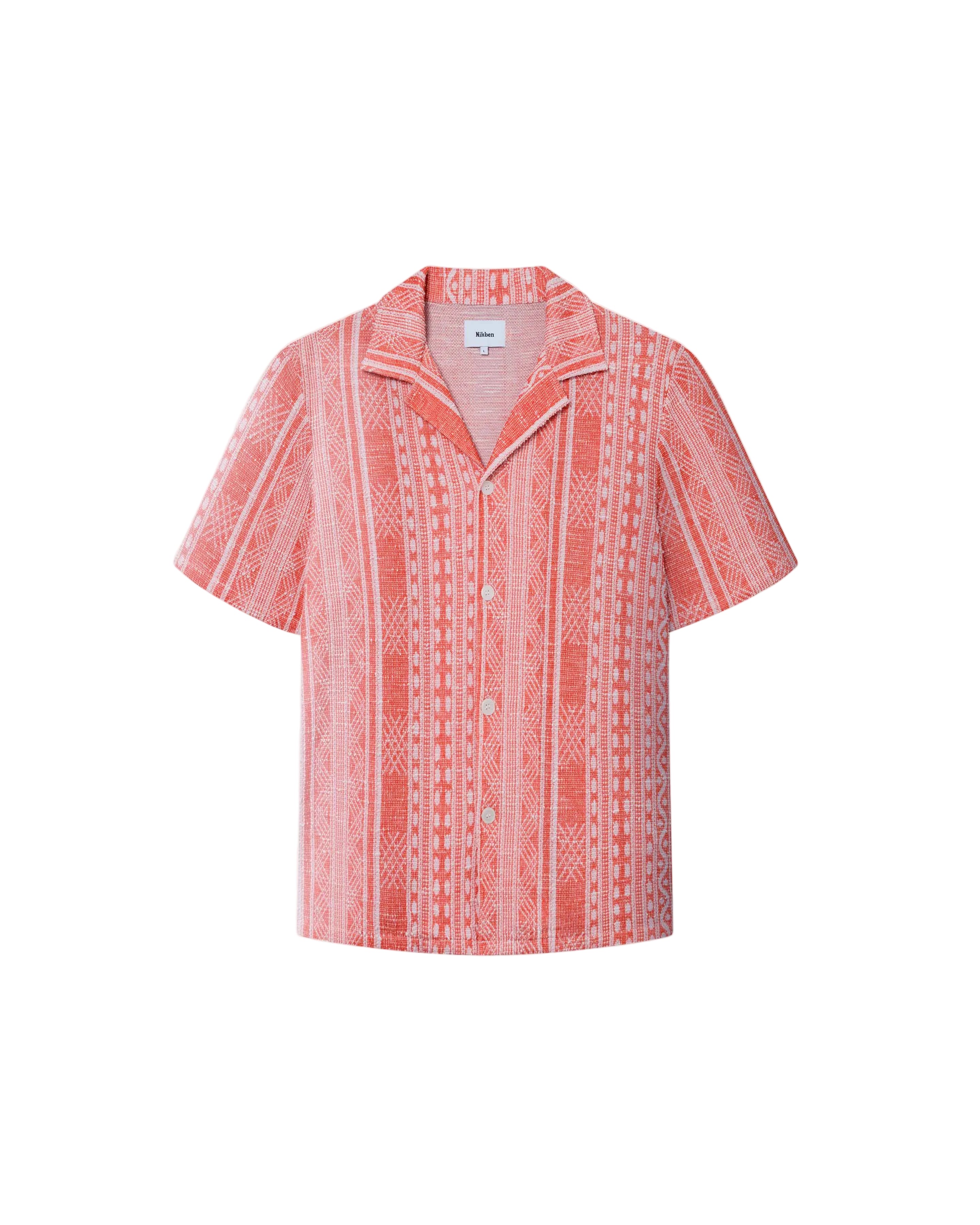 A short-sleeved red Encinitas shirt with detailed jacquard stitching, collar, and pearl buttons.