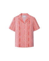 A short-sleeved red Encinitas shirt with detailed jacquard stitching, collar, and pearl buttons.