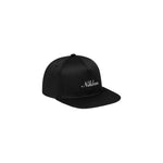 A black baseball cap with a flat peak and an embroidered logo at the front.