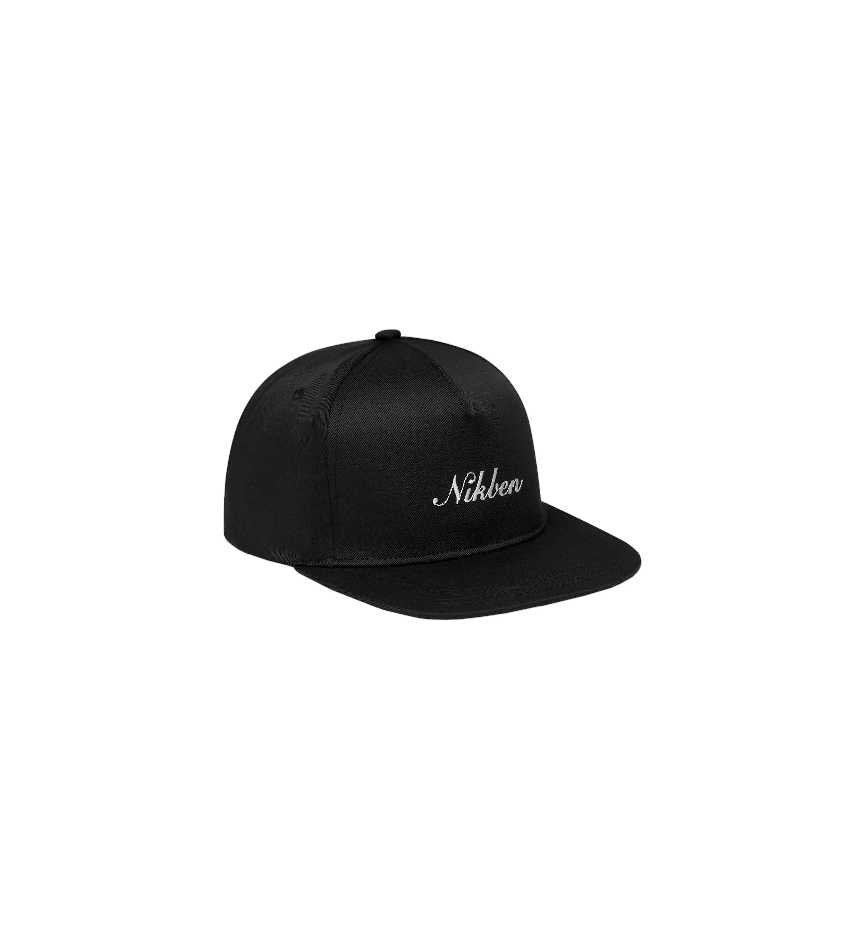A black baseball cap with a flat peak and an embroidered logo at the front.