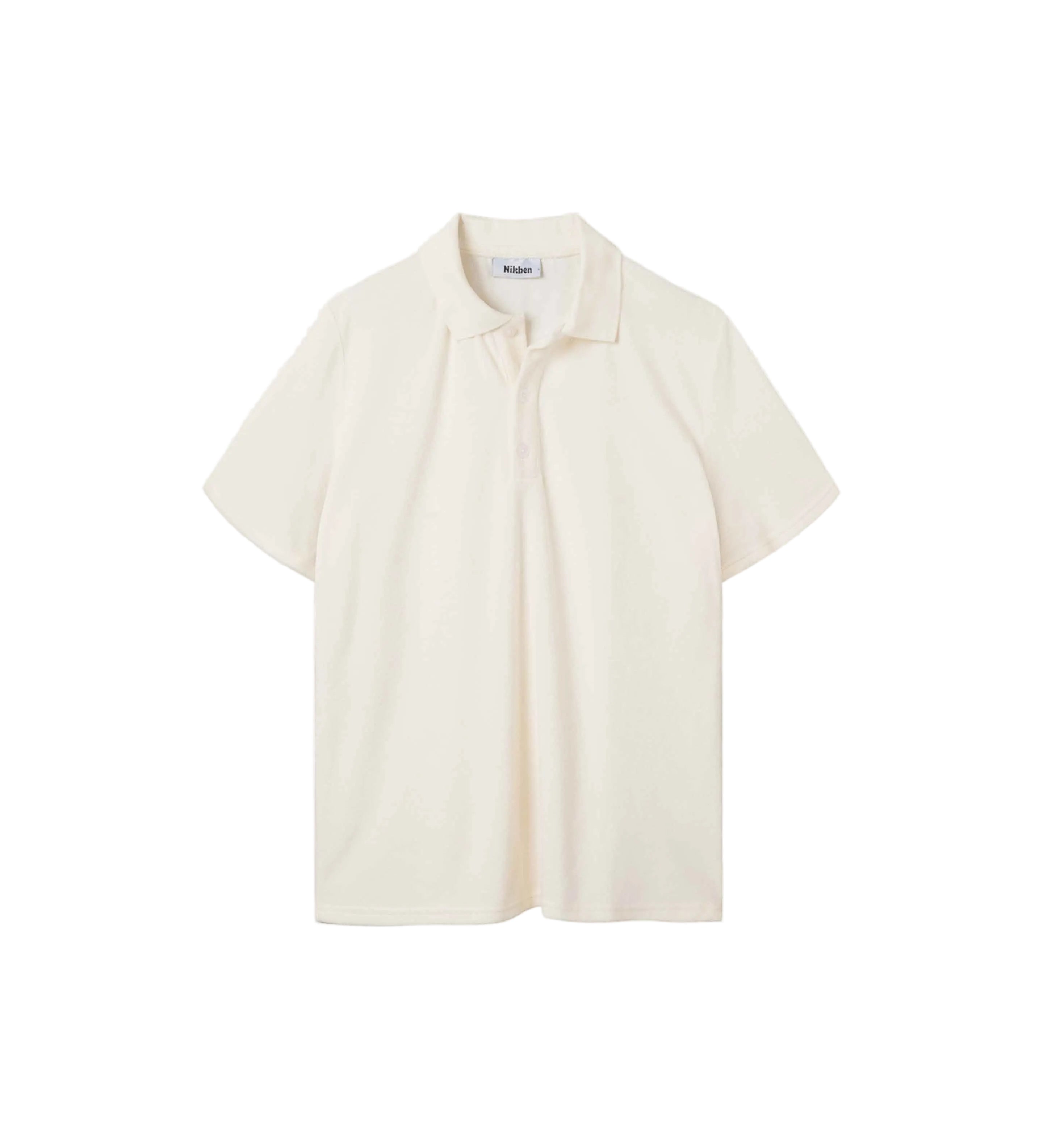 An off white, short-sleeved terry toweling shirt with pearl buttons and a collar.