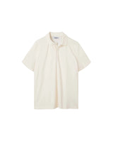 An off white, short-sleeved terry toweling shirt with pearl buttons and a collar.