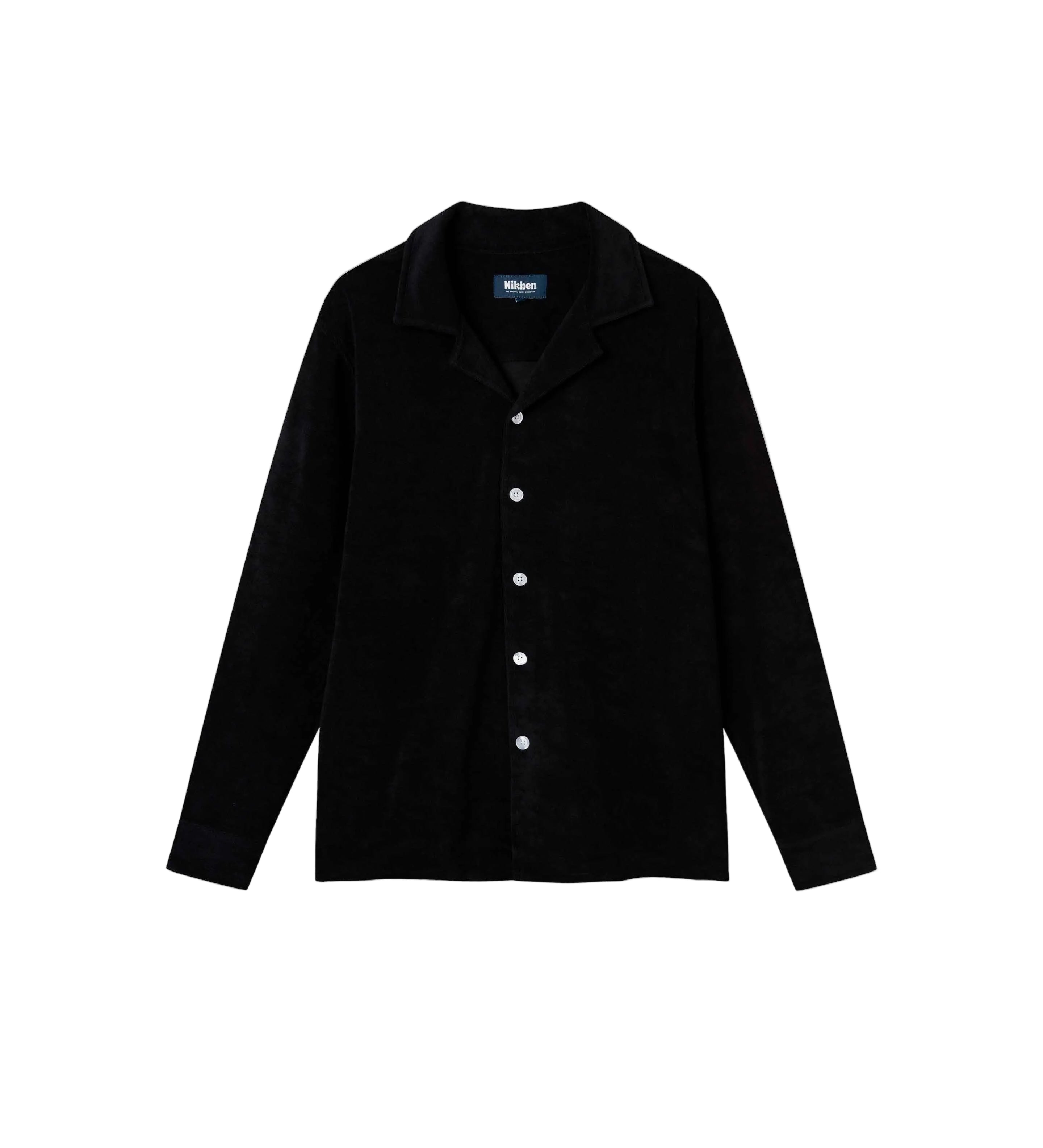 A long sleeve black terry towelling shirt with pearl buttons
