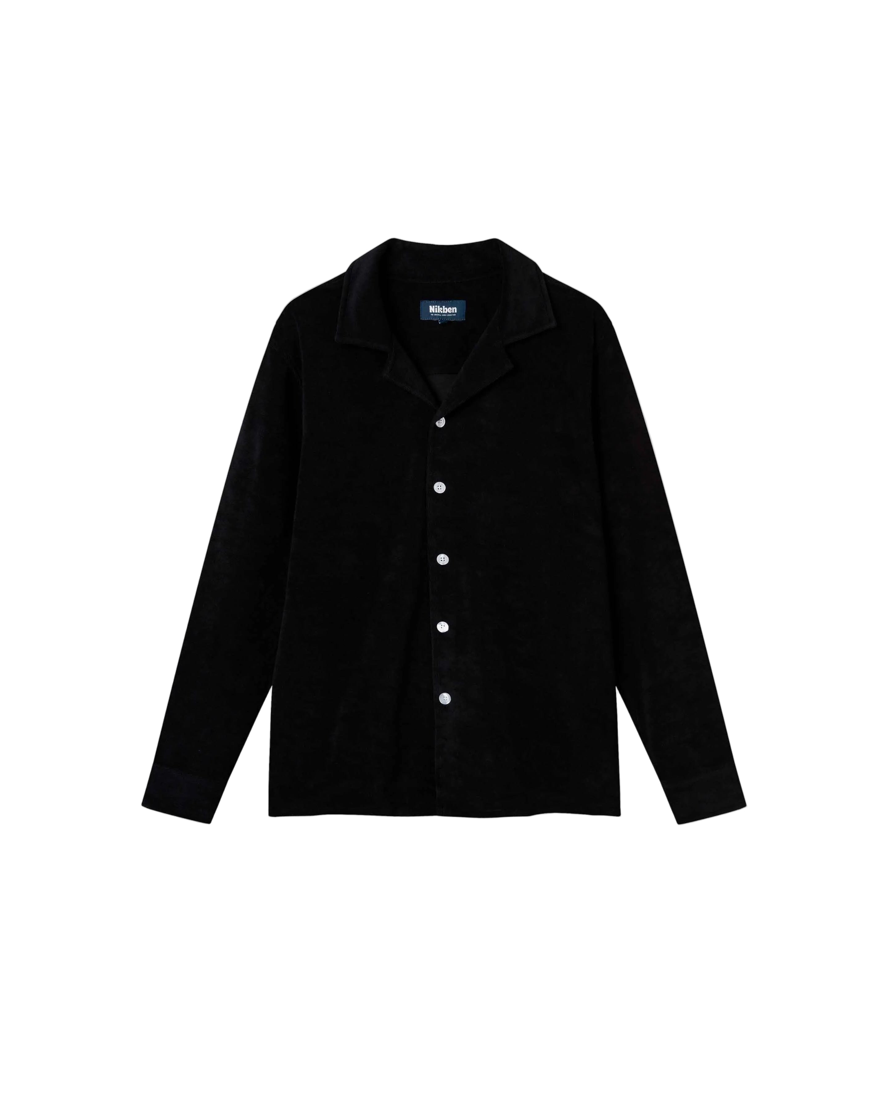 A long sleeve black terry towelling shirt with pearl buttons