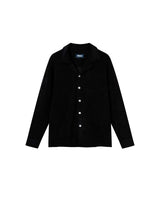 A long sleeve black terry towelling shirt with pearl buttons