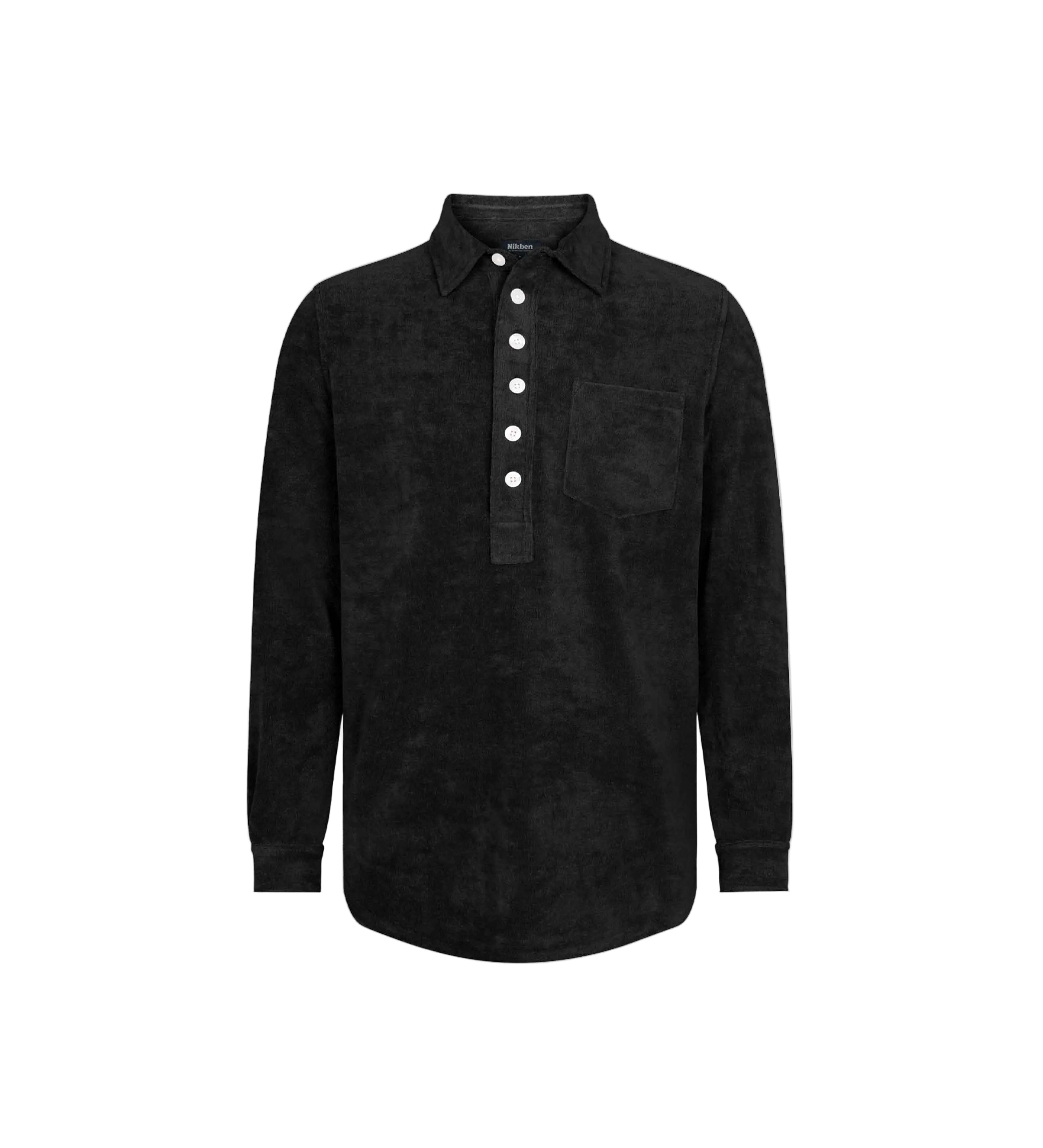 Black long sleeve shirt in terry toweling fabric with half button closure and one chest pocket