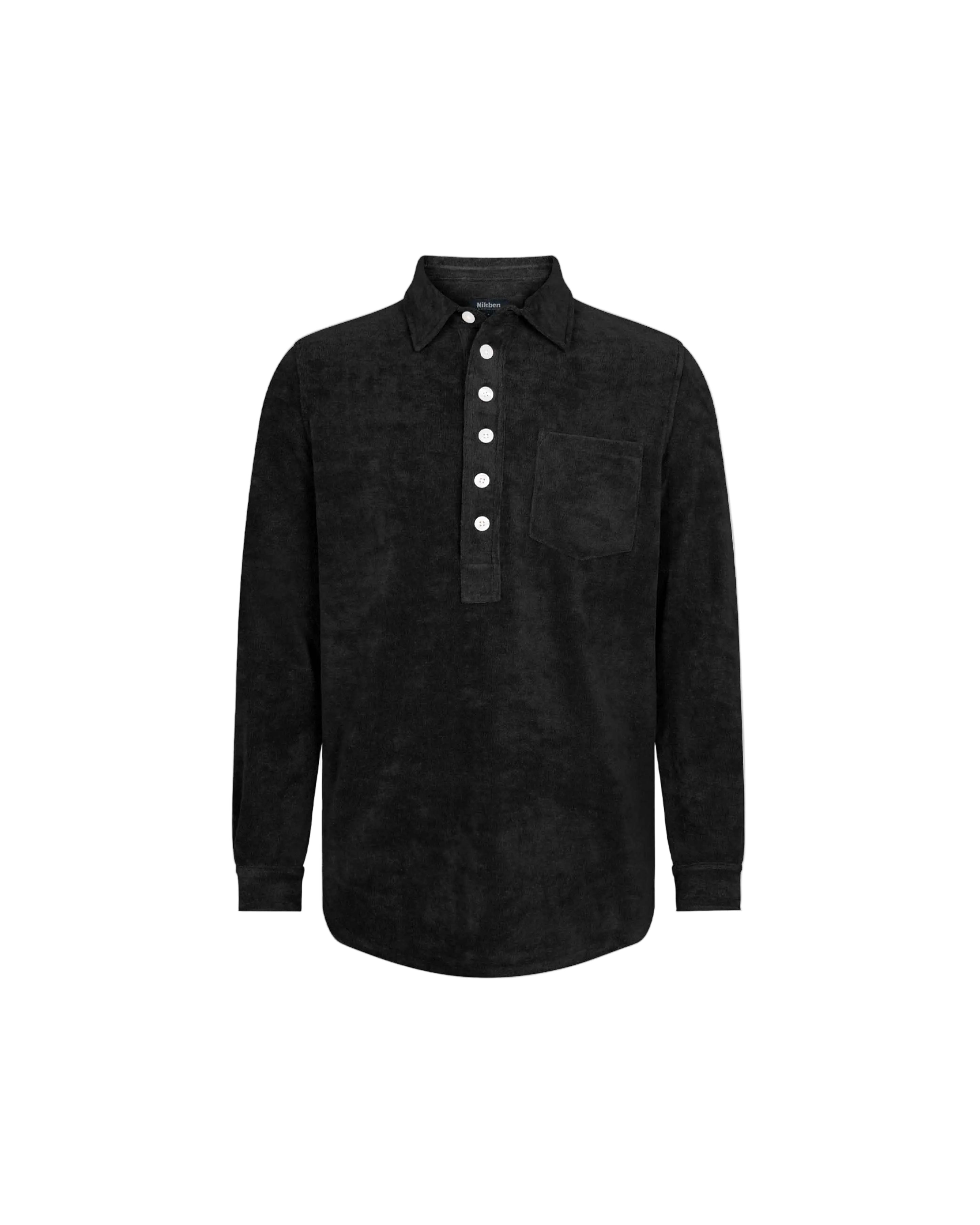 Black long sleeve shirt in terry toweling fabric with half button closure and one chest pocket