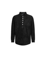 Black long sleeve shirt in terry toweling fabric with half button closure and one chest pocket
