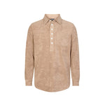 A long-sleeved beige polo shirt with a button-up collar and a single chest pocket, made from Terry towelling fabric.