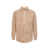 A long-sleeved beige polo shirt with a button-up collar and a single chest pocket, made from Terry towelling fabric.