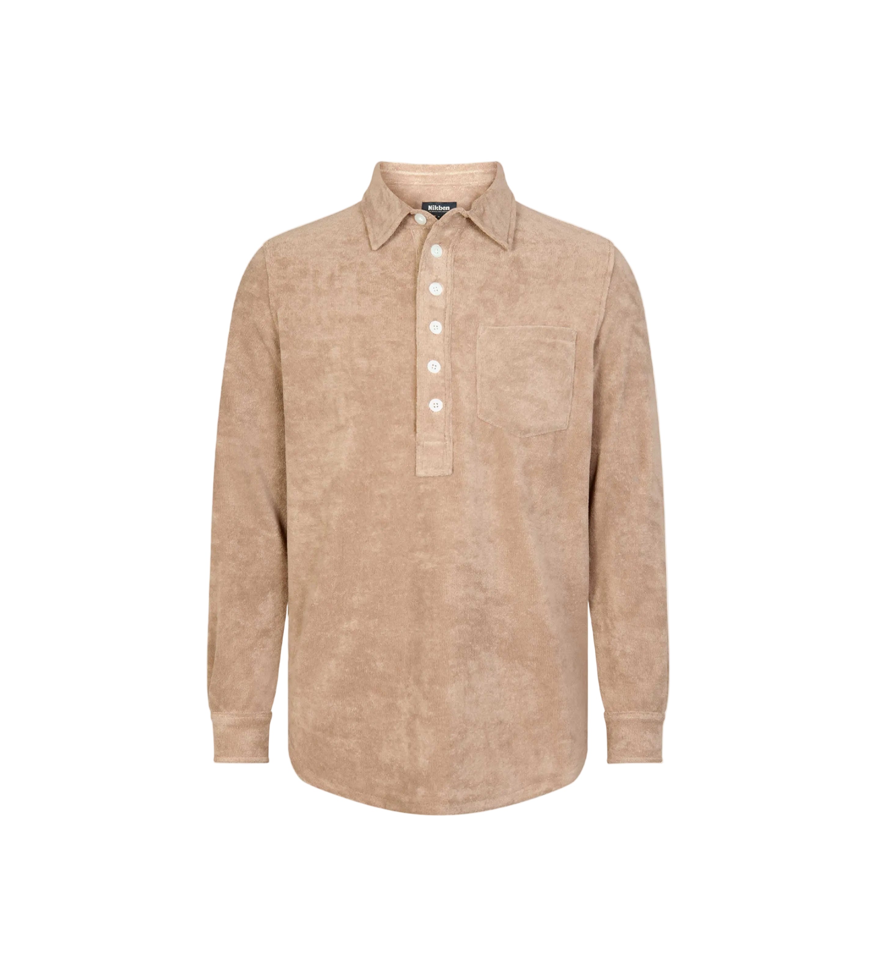 A long-sleeved beige polo shirt with a button-up collar and a single chest pocket, made from Terry towelling fabric.