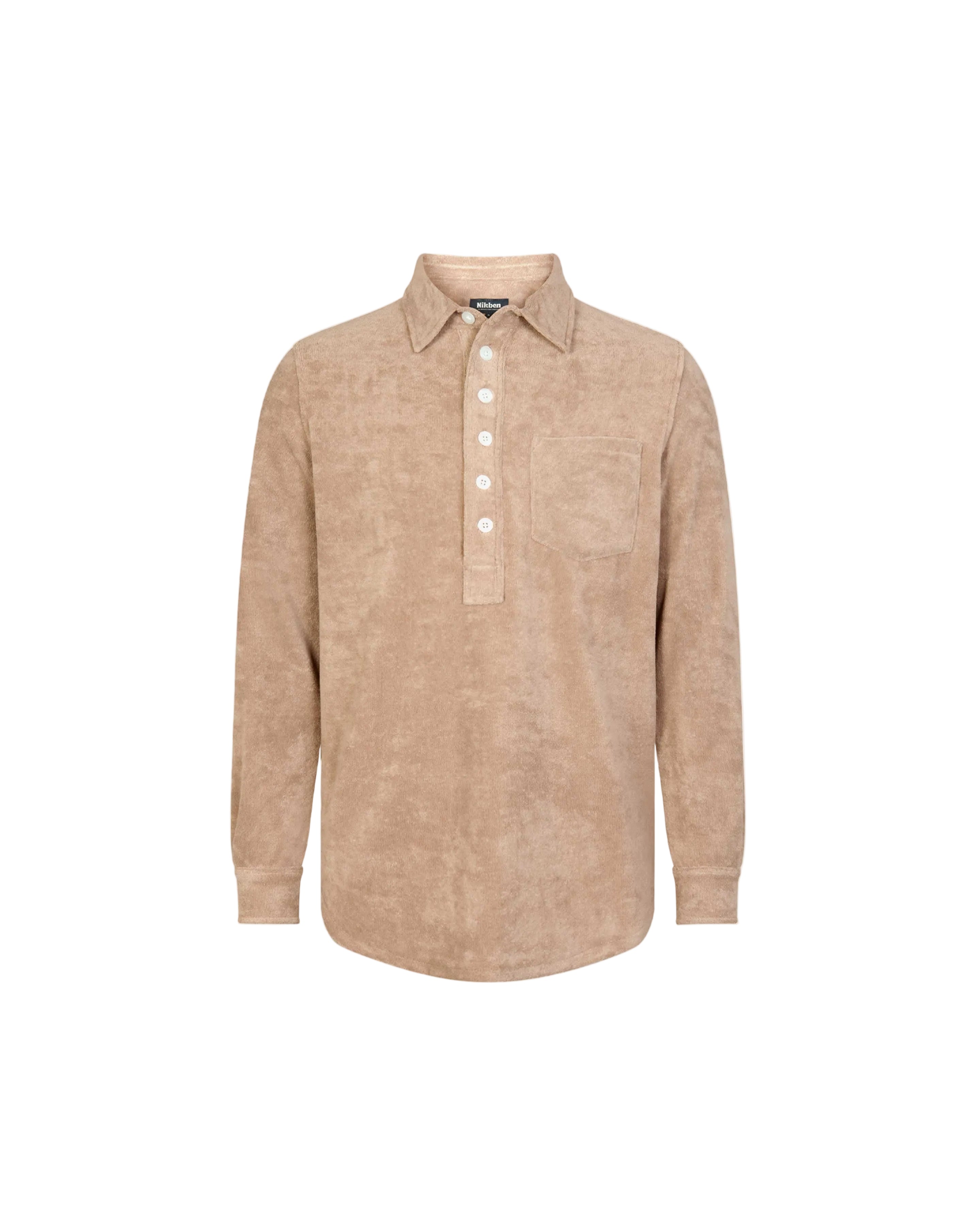 A long-sleeved beige polo shirt with a button-up collar and a single chest pocket, made from Terry towelling fabric.
