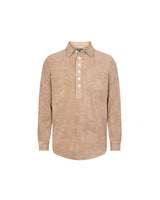 A long-sleeved beige polo shirt with a button-up collar and a single chest pocket, made from Terry towelling fabric.