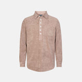 Light brown long sleeve shirt in terry toweling fabric with half button closure and one chest pocket