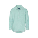 A long-sleeved grey-green polo shirt with a button-up collar and a breast pocket, made from terry toweling fabric.