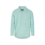 A long-sleeved grey-green polo shirt with a button-up collar and a breast pocket, made from terry toweling fabric.