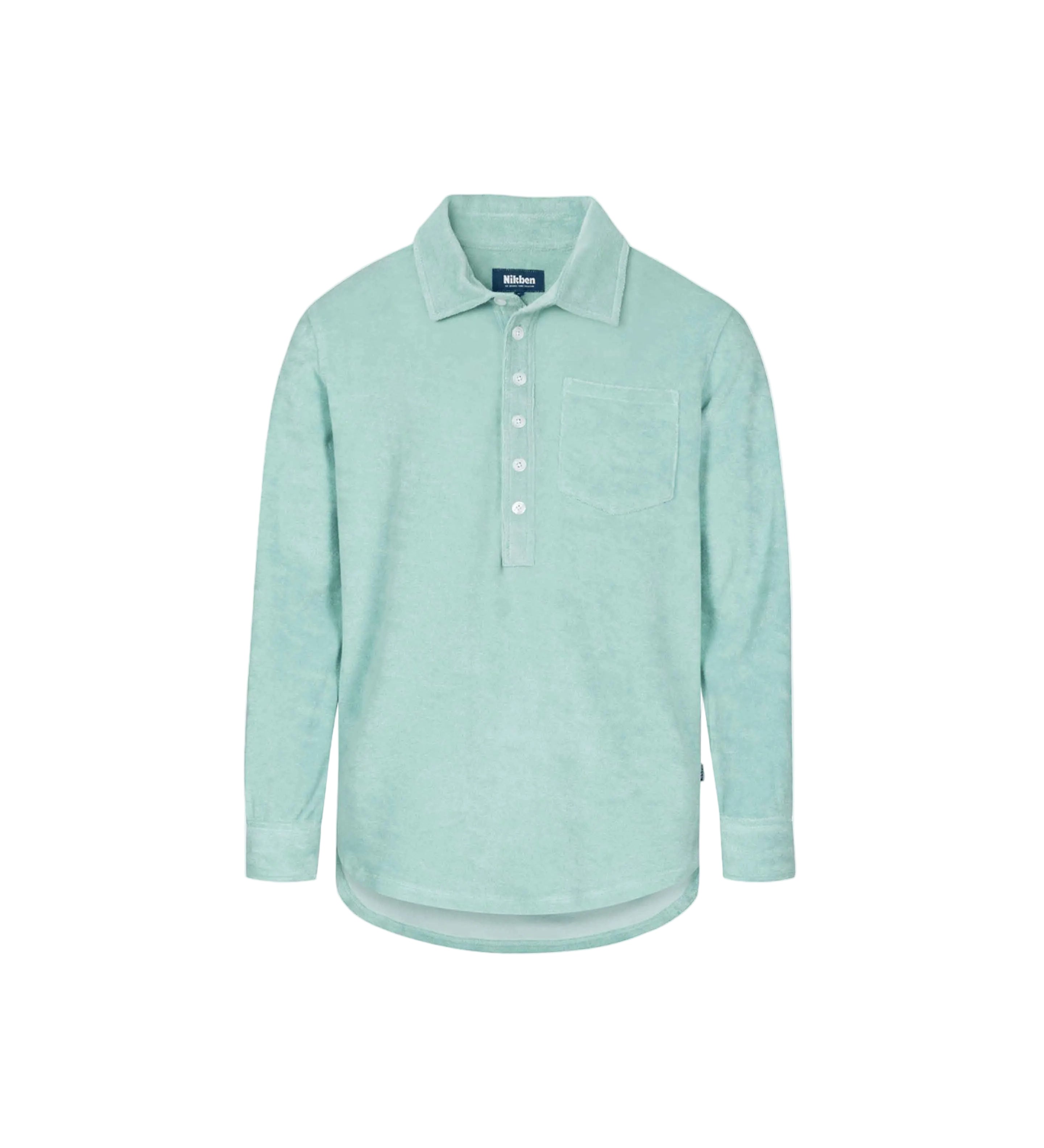 A long-sleeved grey-green polo shirt with a button-up collar and a breast pocket, made from terry toweling fabric.