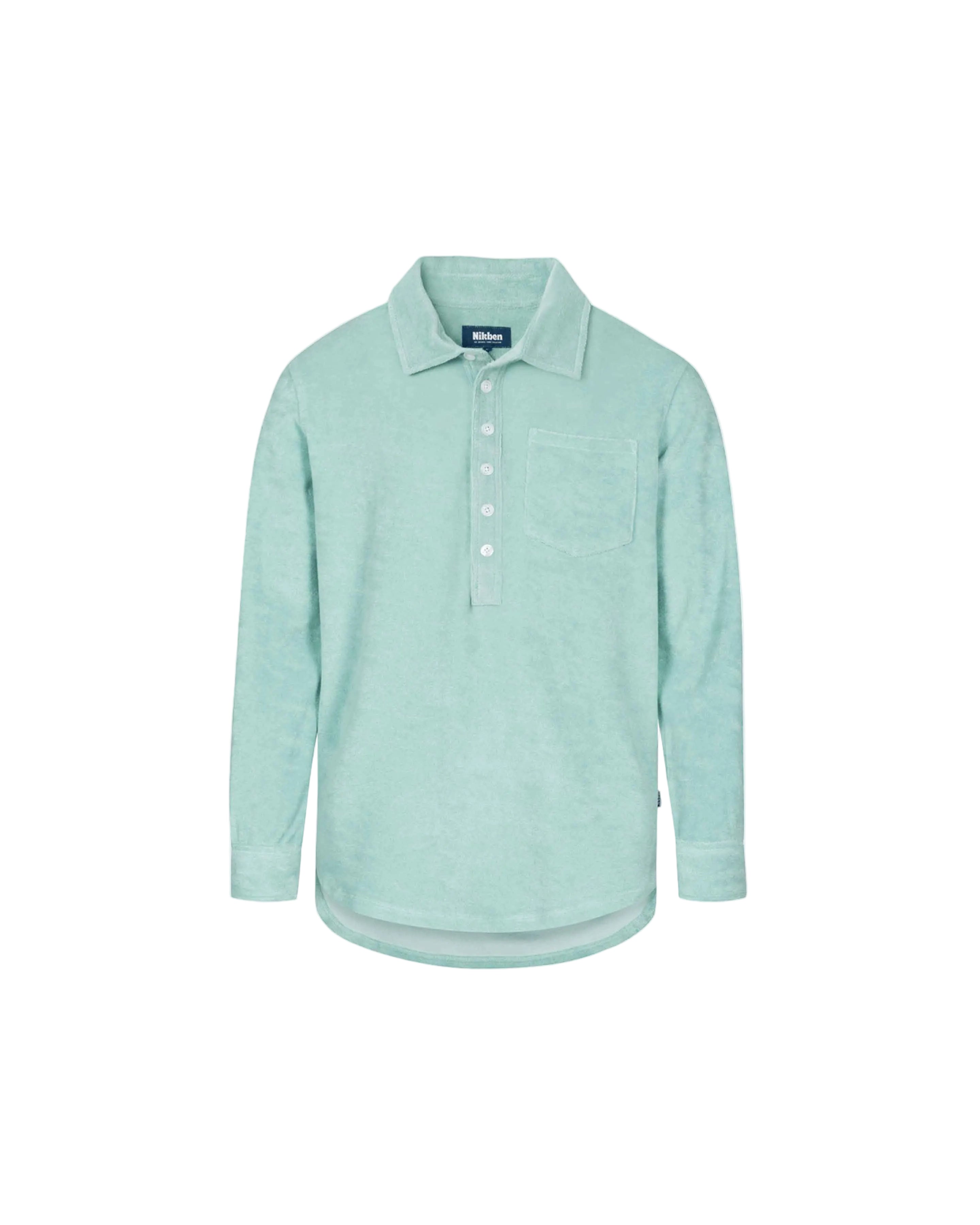 A long-sleeved grey-green polo shirt with a button-up collar and a breast pocket, made from terry toweling fabric.