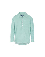 A long-sleeved grey-green polo shirt with a button-up collar and a breast pocket, made from terry toweling fabric.