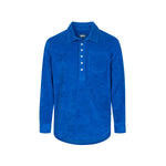 Blue long sleeve shirt in terry toweling fabric with half button closure and one chest pocket