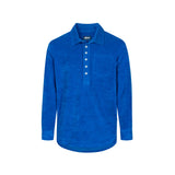 Blue long sleeve shirt in terry toweling fabric with half button closure and one chest pocket