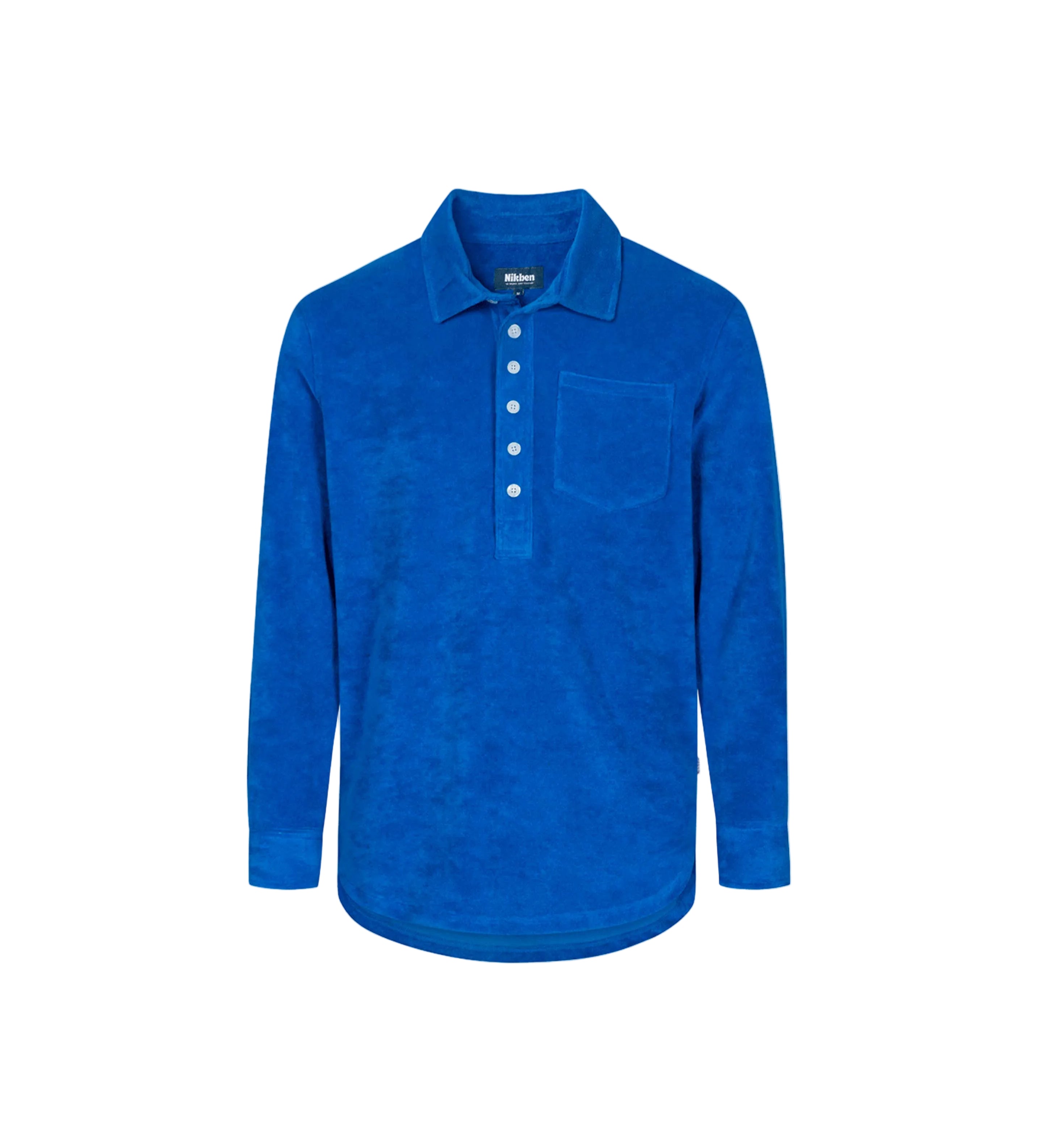Blue long sleeve shirt in terry toweling fabric with half button closure and one chest pocket
