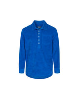 Blue long sleeve shirt in terry toweling fabric with half button closure and one chest pocket