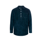 A long-sleeved navy blue polo shirt with a button-up collar and a breast pocket, made from terry toweling fabric.