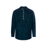 A long-sleeved navy blue polo shirt with a button-up collar and a breast pocket, made from terry toweling fabric.