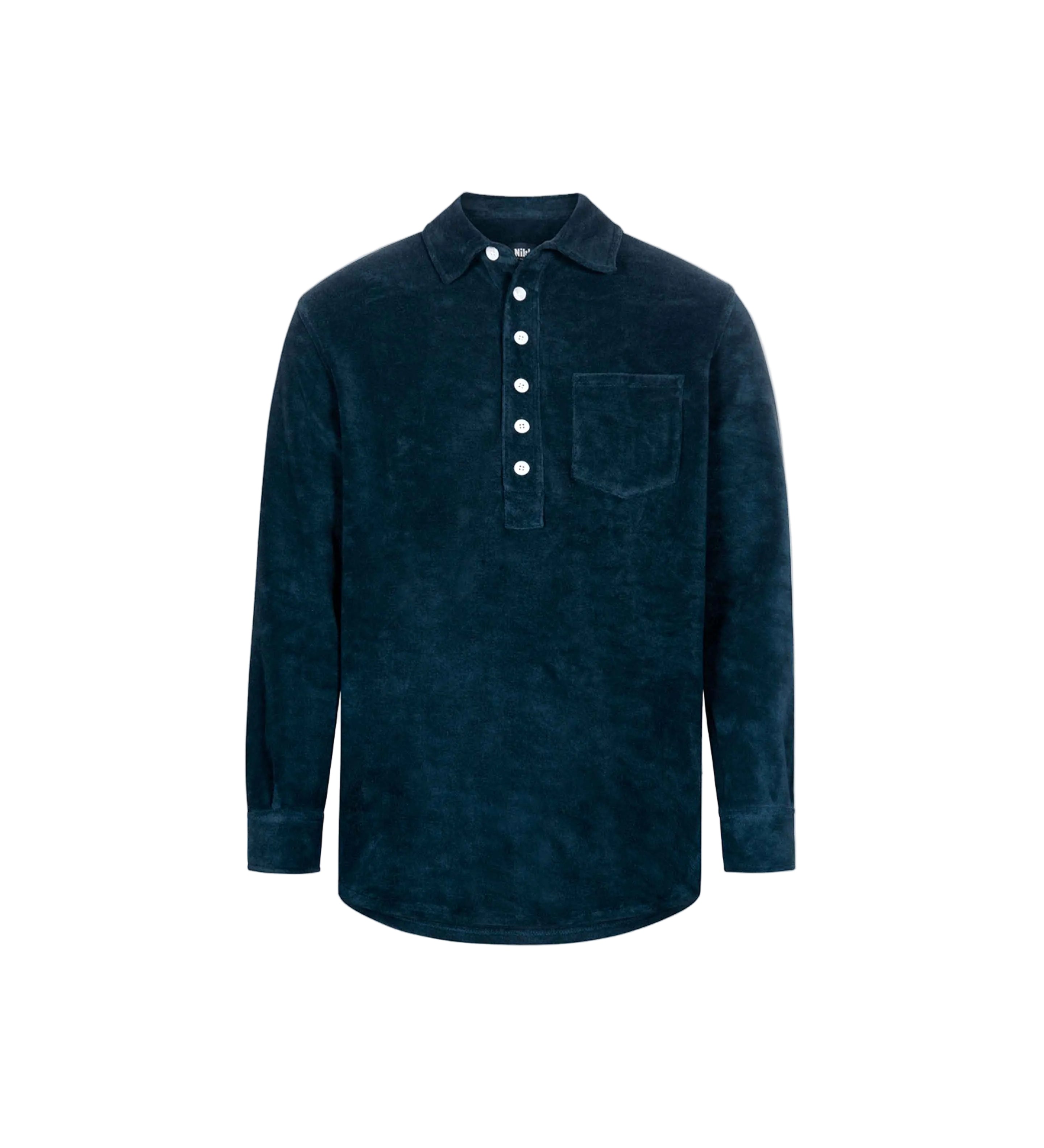 A long-sleeved navy blue polo shirt with a button-up collar and a breast pocket, made from terry toweling fabric.