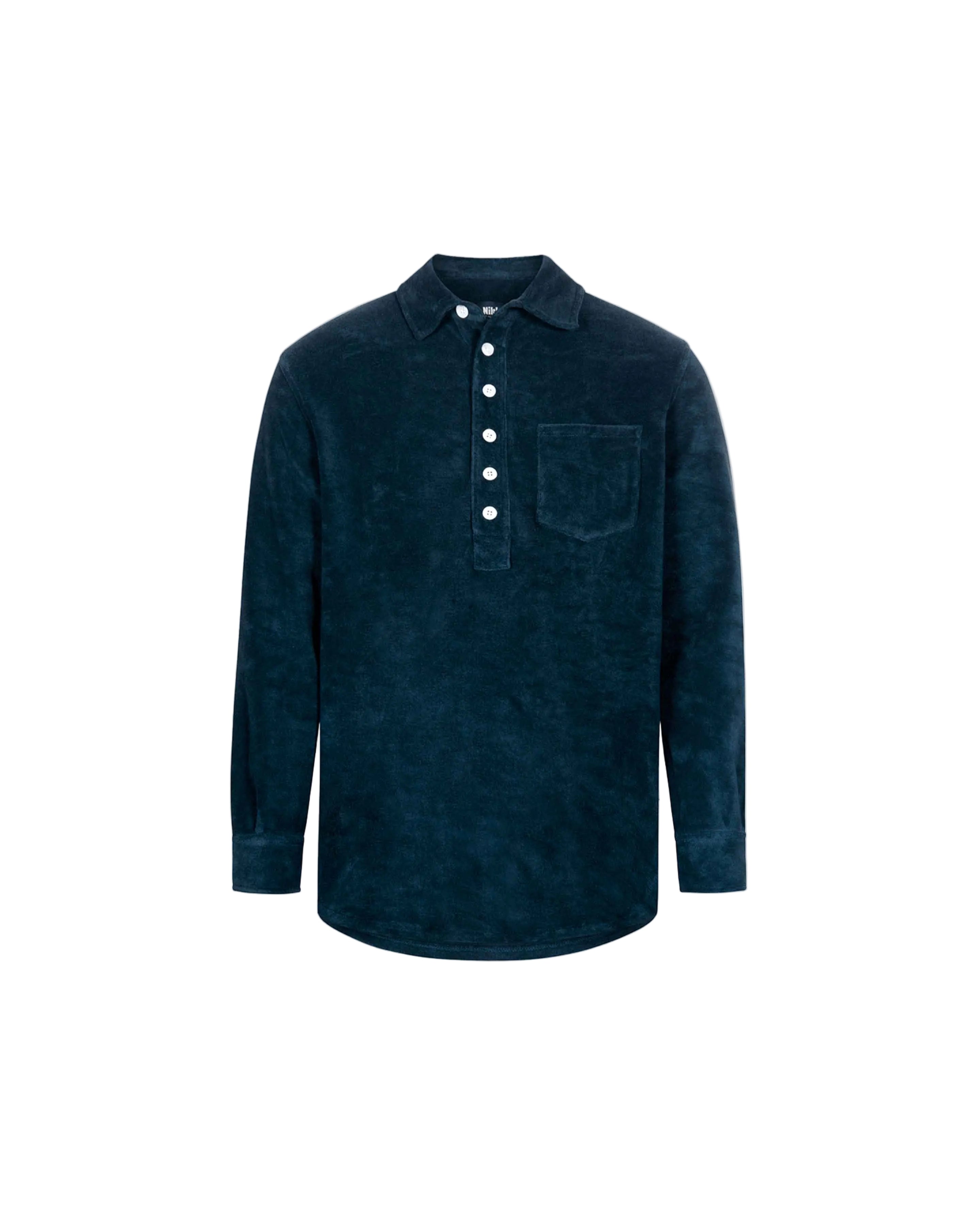 A long-sleeved navy blue polo shirt with a button-up collar and a breast pocket, made from terry toweling fabric.