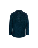 A long-sleeved navy blue polo shirt with a button-up collar and a breast pocket, made from terry toweling fabric.