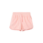 Light pink short-length shorts made of terry toweling fabric with an elastic drawstring waist, two side pockets, and an embroidered back pocket.
