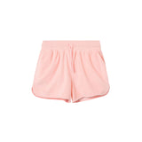 Light pink short-length shorts made of terry toweling fabric with an elastic drawstring waist, two side pockets, and an embroidered back pocket.