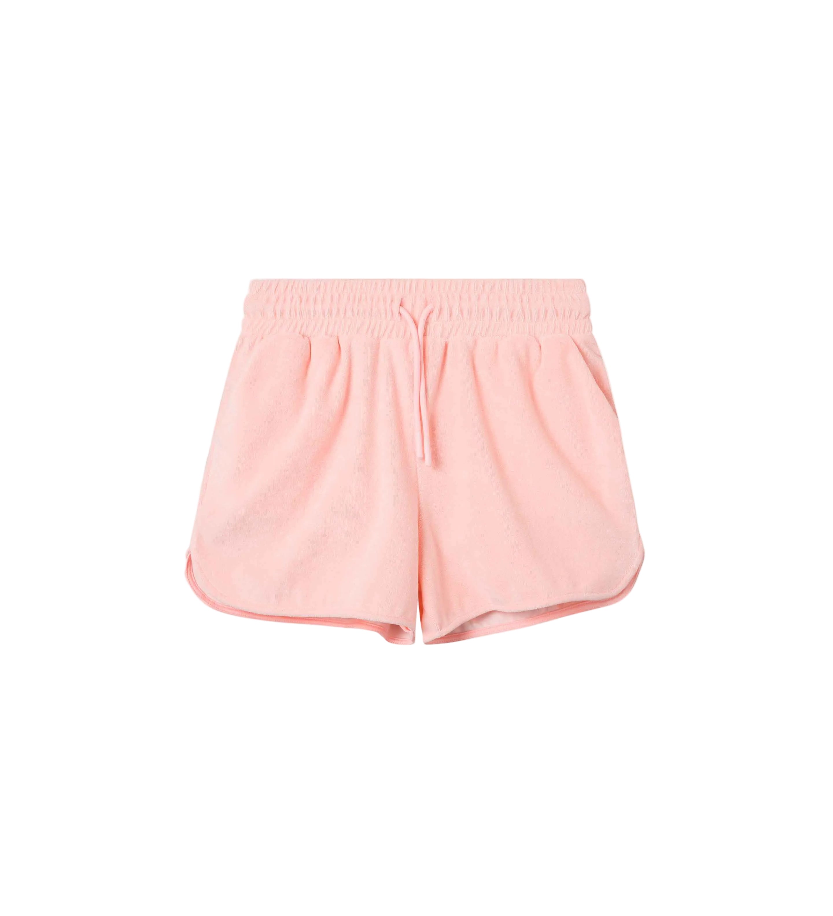 Light pink short-length shorts made of terry toweling fabric with an elastic drawstring waist, two side pockets, and an embroidered back pocket.
