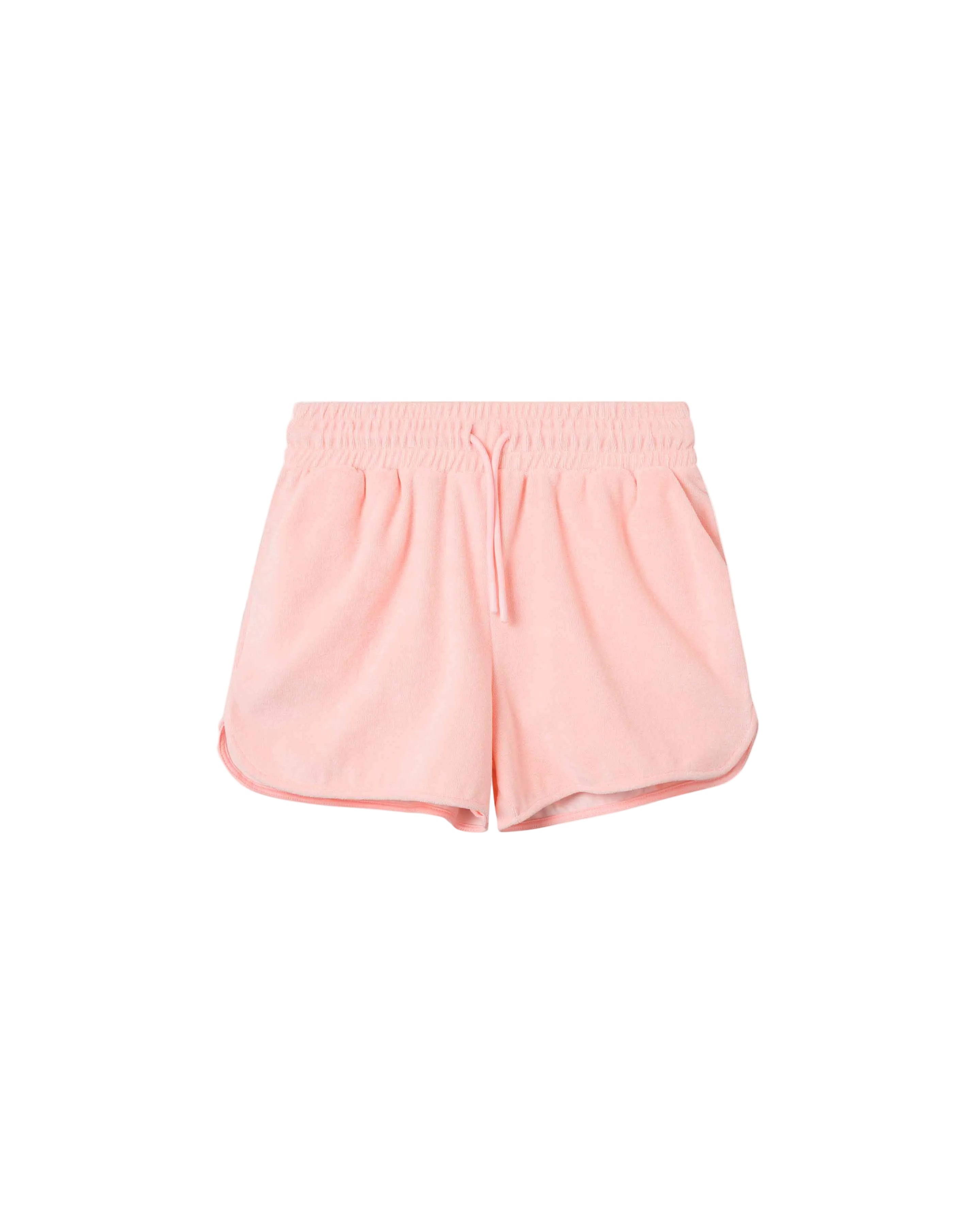 Light pink short-length shorts made of terry toweling fabric with an elastic drawstring waist, two side pockets, and an embroidered back pocket.