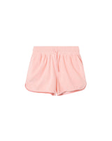 Light pink short-length shorts made of terry toweling fabric with an elastic drawstring waist, two side pockets, and an embroidered back pocket.