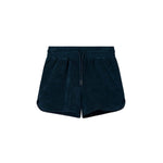 Navy blue terry toweling shorts with an elastic drawstring waist and side pockets.