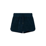 Navy blue terry toweling shorts with an elastic drawstring waist and side pockets.