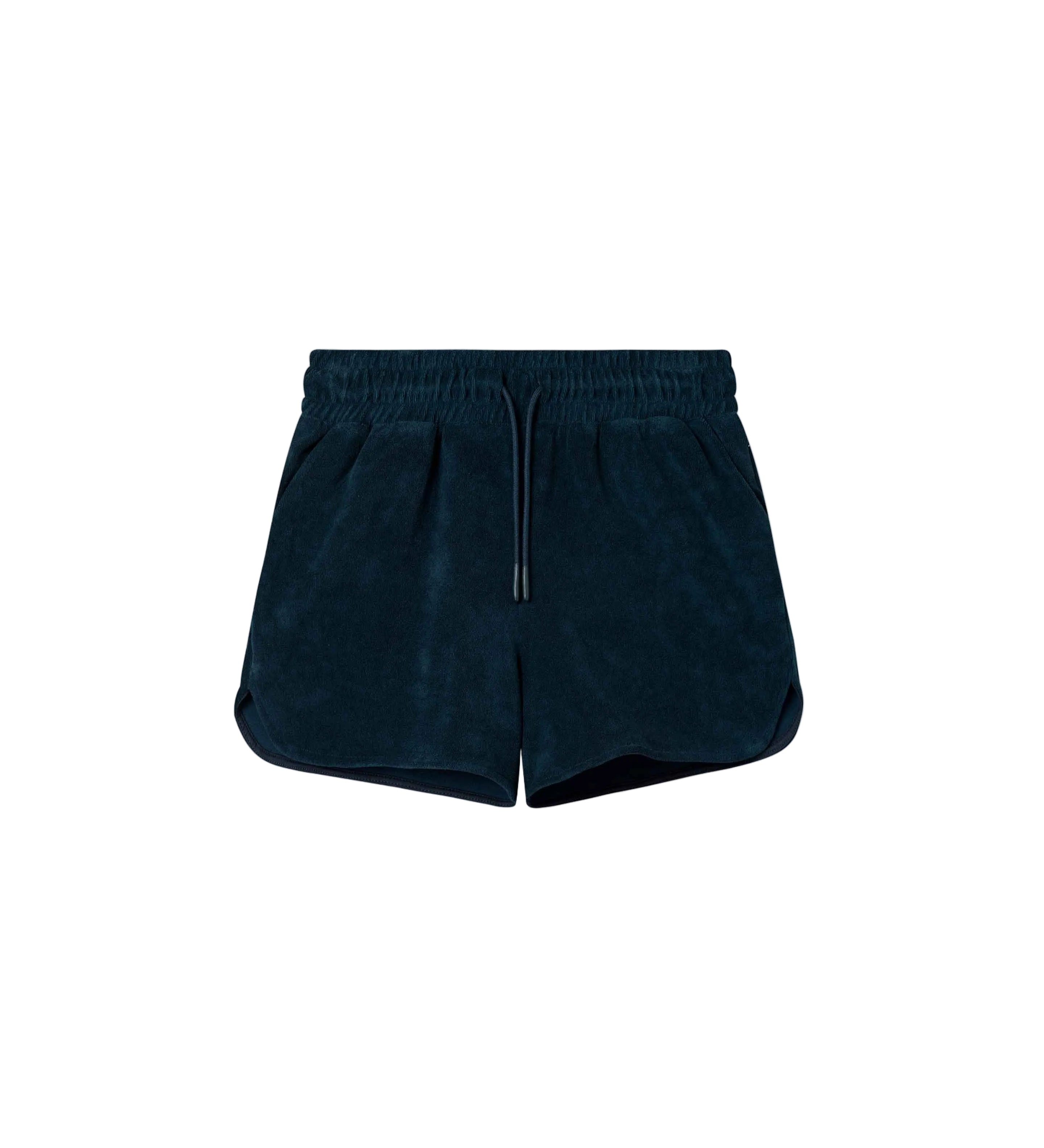 Navy blue terry toweling shorts with an elastic drawstring waist and side pockets.