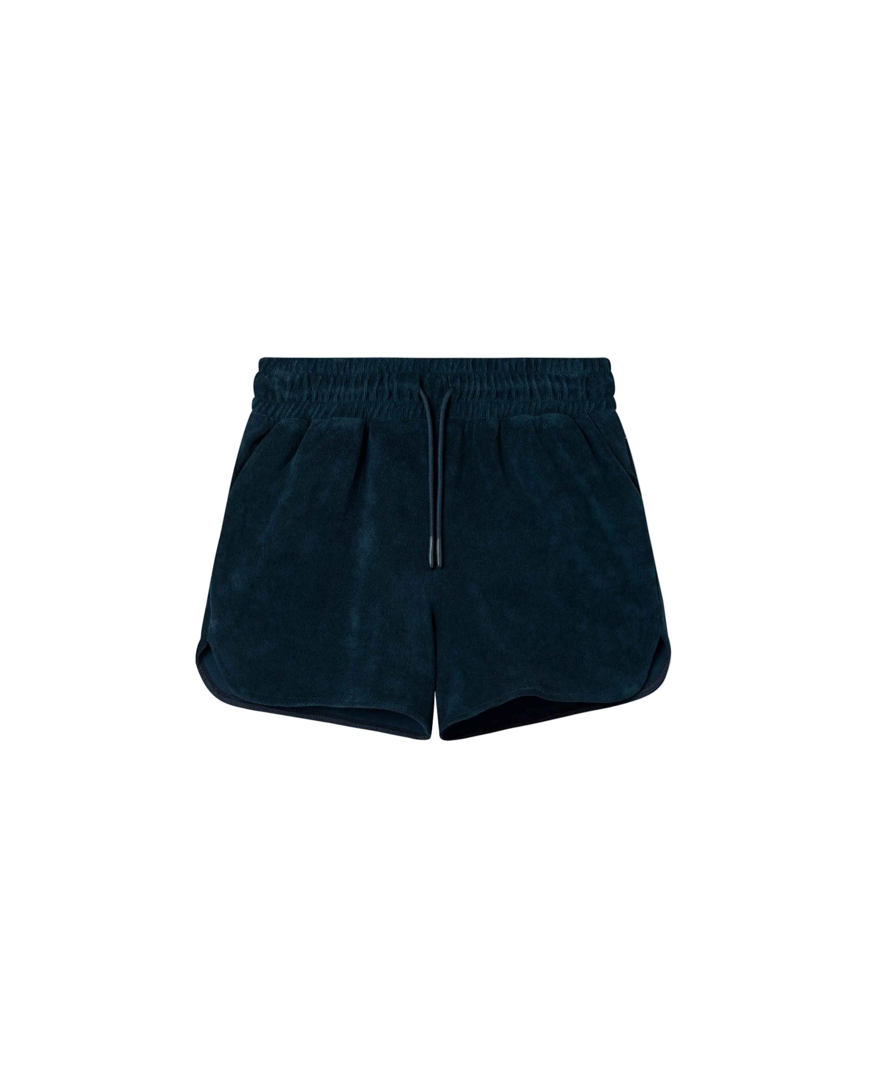 Navy blue terry toweling shorts with an elastic drawstring waist and side pockets.
