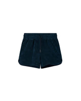 Navy blue terry toweling shorts with an elastic drawstring waist and side pockets.