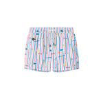 Striped printed swim trunks. Mid length shorts with drawstring waistband and two side pockets.